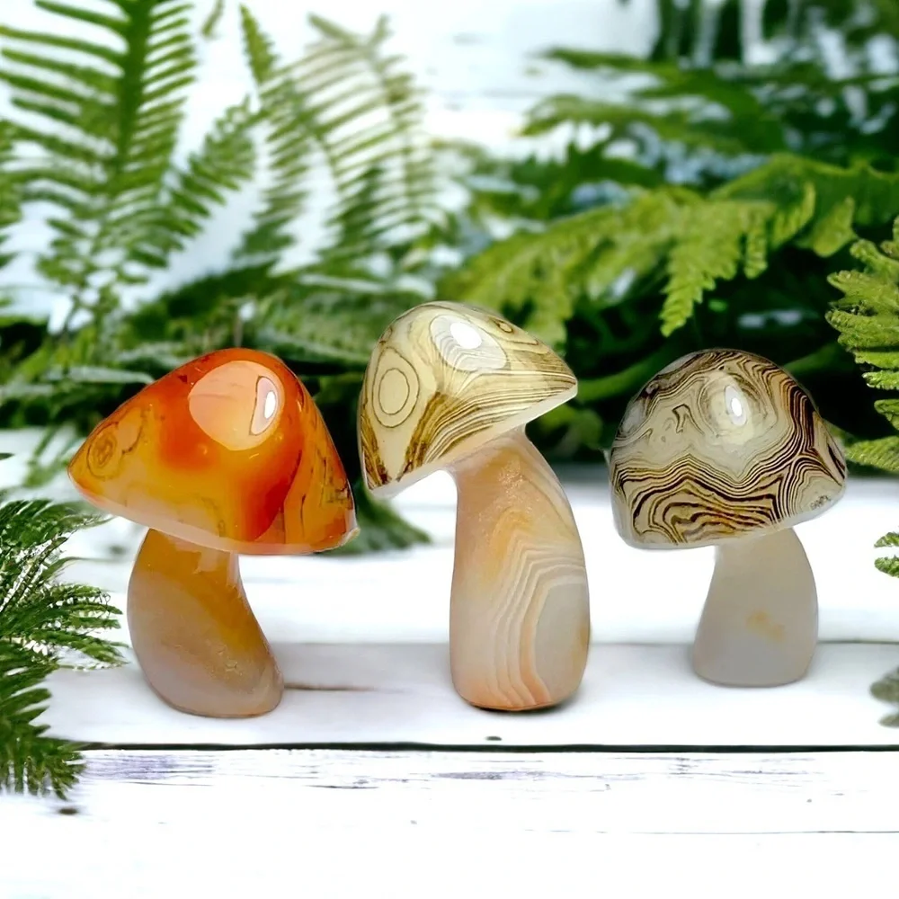 Agate SET Artisan Hand Carved Luminous Mushroom Crystal Trio UNIQUE